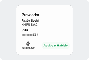 Sección de Khipu con una validación automática de SUNAT de un proveedor activo y habido.