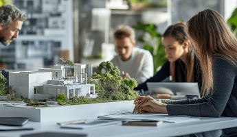 Arquitecta de la empresa Yiverevisando planos técnicos en una mesa de trabajo junto a una maqueta a escala, en un ambiente de oficina colaborativo y luminoso.