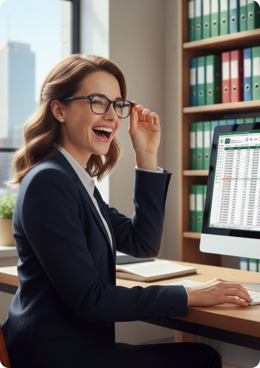 Mujer profesional sonriendo mientras trabaja en una computadora gestionando sus gastos con Khipu