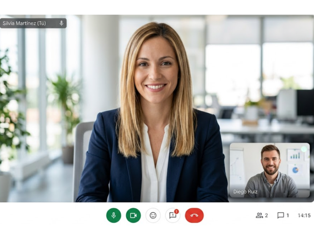 Videollamada de demo Khipu entre especialista y cliente, estilo Google Meet