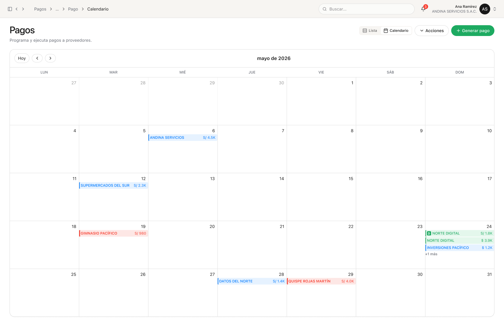 Calendario mensual de pagos a proveedores en Khipu, con montos programados por día